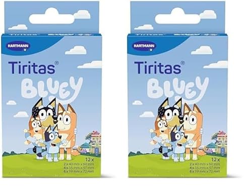 Tiritas Bluey; con los Personajes Emblemáticos de la Serie Bluey; Diseños Surtidos; Bandit, Chilli, Bingo, Bluey; Apósitos Infantiles; 12 Unidades (Paquete de 2)