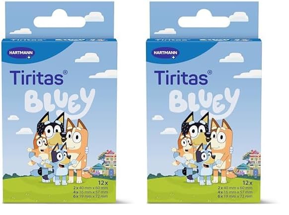 Tiritas Bluey; con los Personajes Emblemáticos de la Serie Bluey; Diseños Surtidos; Bandit, Chilli, Bingo, Bluey; Apósitos Infantiles; 12 Unidades (Paquete de 2)