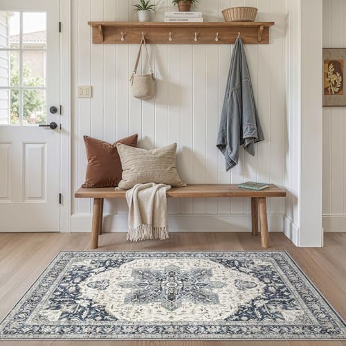 Tortania Area Rug Living Room Rugs - 3x5 Washable Rug Vintage Oriental Distressed Farmhouse Small Thin Indoor Carpet for Living Room Bedroom Under Dining Table Home Office - Indigo