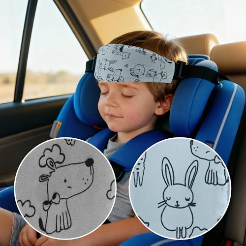 Image of Luckyiren 2-Pack Baby Car Seat Head Support Strap, Blue Cotton with Cartoon Dog Print, Adjustable Headband for Stroller, Machine Washable Neck Support for Infants and Toddlers