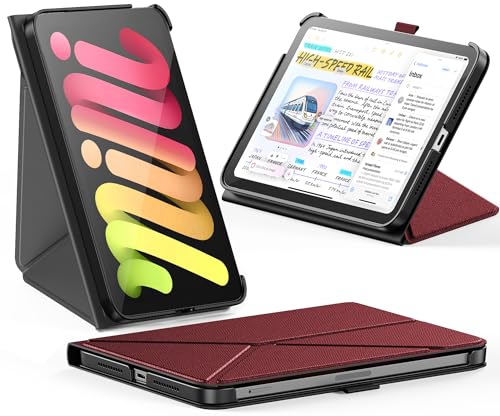 INFILAND ケース iPad Mini 7 (A17 Pro) 2024 / iPad Mini 6 2021 対応, スリム折りたたみ式ブックカバー, ペンホルダー付き, 多角度マグネットスタンド, オートスリープ/ウェイク機能付き保護ケース (バーガンディ)