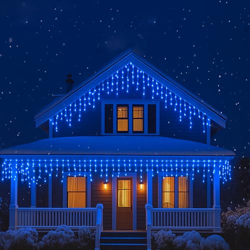 Image of MIRADH Icicle Diwali Lights Outdoor, 10ft 96 LED with 16 Drops Icicle Lights, Plug in Lights with 8 Modes Waterproof for Decoartion Light for Diwali, Christmas, Birthday, Ganesh Puja (Blue)