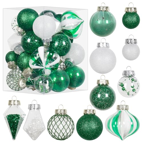 Image of MoonXmas Christmas Ball Ornaments Set, 34PCS Clear Plastic Shatterproof Christmas Ornaments for Xmas Tree Hanging Decorations, for Indoor Home Thanksgiving Party Decor - Green/White.