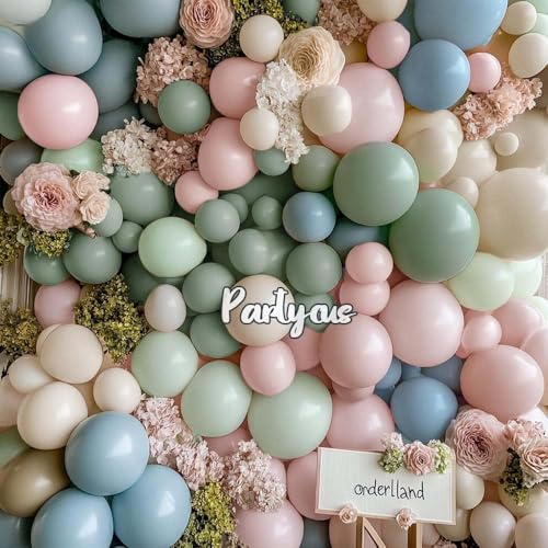 Image of Dusty Green Pink Blue Balloon Arch Double Stuffed Pastel Pink Dusty Blue Light Sage Green White Latex Balloon Garland Kit for Boho Baby Shower Birthday Gender Reveal Tea Valentine Party Decoration