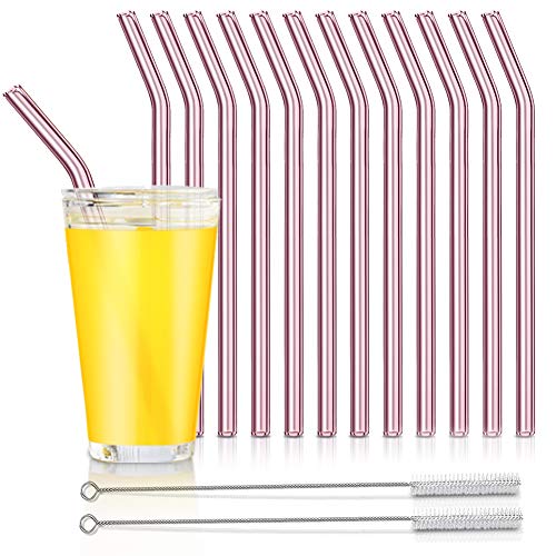 Eco-Friendly Reusable Bent Glass Straws, 12-Pack (Pink)