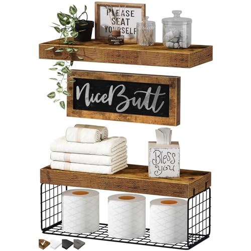 QEEIG ?Bathroom Shelves Over Toilet - Paper Storage Wall Mounted Farmhouse Decor Decorations Aesthetic Décor Sign Small Floating Wall Shelf 2+1 Set 16 inch Nice Butt, Rustic Brown (020BN-NB)