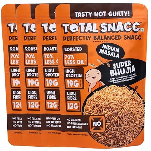 Image of TOTAL SNACC Roasted Bhujia Indian Masala (125g x 4 Packs) | High Protein 19g, High Fibre 12g | 70% Less Oil | No Palm Oil | Baked Bhujiya | Healthy Namkeen | High Protein Snacks | Diabetic Friendly | Millet Bhujia | Low Calorie