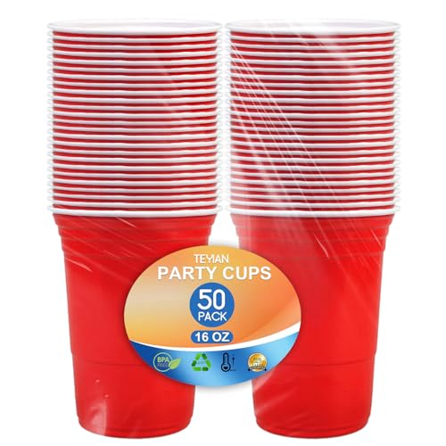 TEYIAN 50Pcs Plastic Cups 16oz/470ml Red Party Cups Drinking Cup Reusable & Recyclable for All Events Birthdays Weddings Picnics Christmas Anniversary Party (Red)