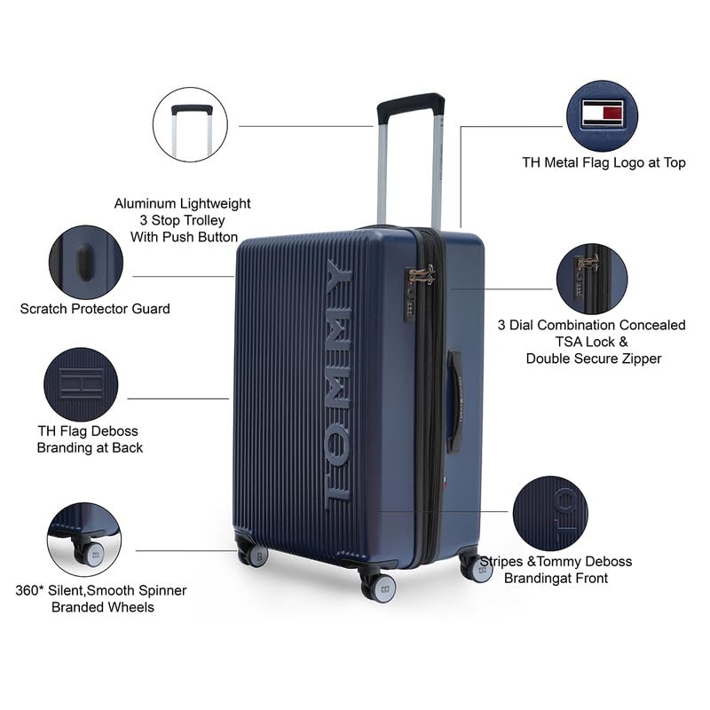 Image of Tommy Hilfiger Polycarbonate Trolley, Navy Blue, Empire Plus, 95L | Big Suitcase for Travel, Double 8 Spinner Wheels Hard Shell Check-in Luggage,Medium, 77 Cm