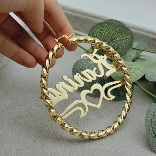 SingSun Custom Name Hoop Earrings 30/50/70/90mm - 90s Gold Heart Design for Women, Personalized Engraved Gifts with Box (18K Plated)3