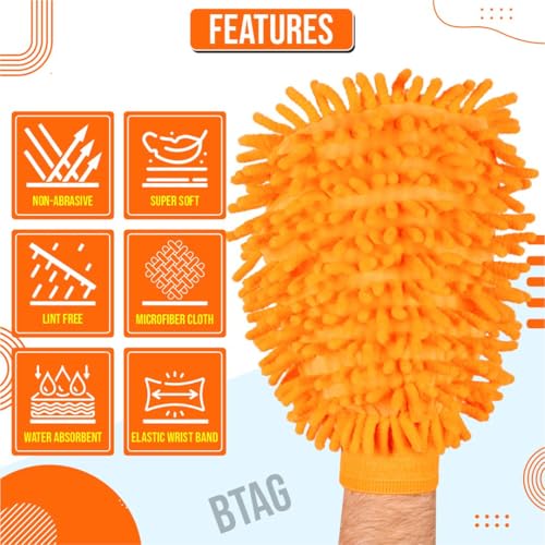 Image of Btag Double Sided Microfibre Wash Mitt Cleaning Gloves (2 Pcs, 2400 GSM, Size 26 X 19 Cm, Extra Large, Super Absorbent, Big Chenille Mitt Glove) (Orange)