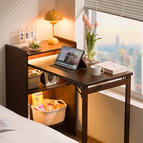 Bamboo Folding Desk with Storage, Space-Saving Foldable Computer Desk for Small Spaces, Writing Study Table for Home Office, Bedroom, Dorm, Apartment,Dark Brown - Image 5