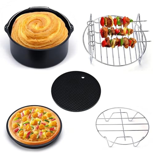 Accesorios para freidora de aire, juego de 5, para la mayoría de hornos de 5.0 cuartos de galón y más grandes, sartenes de pastel y pizza, estantes de metal, parrillas y pinchos y mucho más