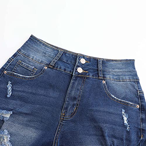 Image of THUNDER STAR Women Mid Rise Ripped Stretchy Jeans Shorts Frayed Raw Hem Casual Denim Shorts