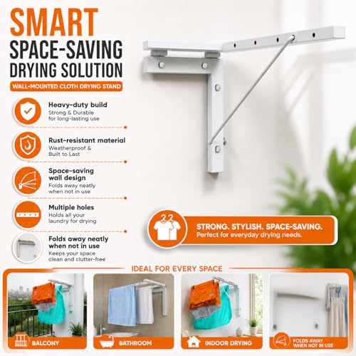Image of Clothes Drying Stand Wall Mounted with nylon rope- Space Saving Steel Wall Cloth Dryer Stand-Cloth Dryer Foldable Rack- Wall mount cloth hanging stand-Cloth Dryer Stand for indoor,outdoor and Balcony