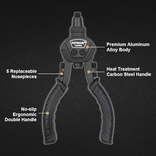 Hoteche 10 Inch Double Handle Riveting Pliers Carbon Steel Aluminum Alloy 760g Riveting Tool Set including 5 Nozzles and 3 Steel Jaws for Blind Rivet Pliers - Image 2