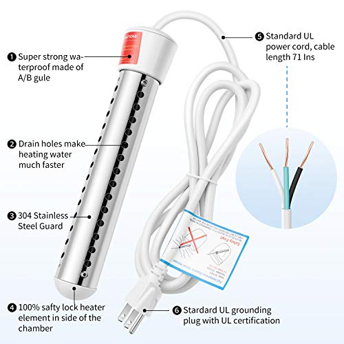 GESAIL 1500W Immersion Heater, Submersible Water Heater With Stainless Steel Guard, Immersion Heater Used For Camping Water Heater And Pool Heater With UL Listed,Heat Water In Minites (White)
