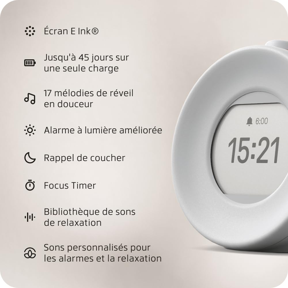 mudita Harmony 2 Réveil numérique - Réveil de lumière du Jour avec écran E-Ink et Fonction de méditation et de répétition - Réveil à l'aube - 17 mélodies, Sons de détente, Sons naturels - Gris