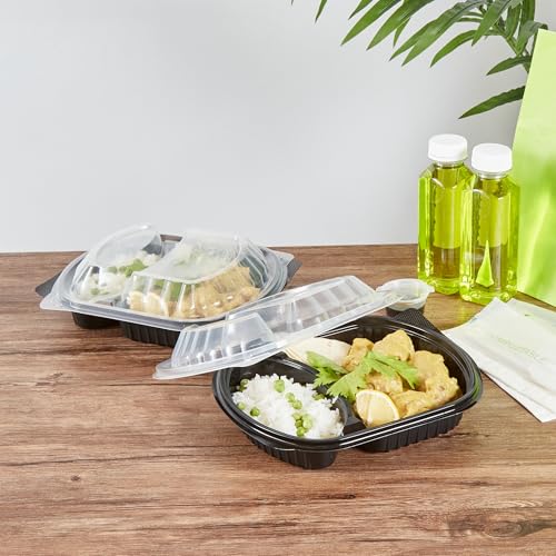 Image of Restaurantware-Chef 101 28 Ounce Meal Prep Containers, 100 Microwavable To Go Containers With Lids - 2 Compartments, Disposable, Black Plastic Oval Food Containers, For Hot And Cold Food, Freezable