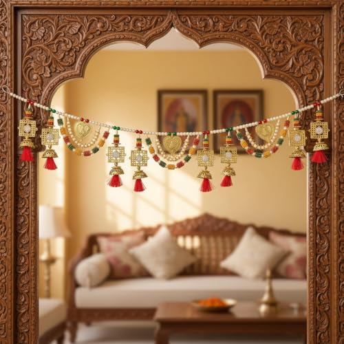 Image of Rajasthan Kraft Beads Toran for Door Entrance | 40 Inch, Decorative Bandarwal Door Toran for Festive Home Decor, Diwali, Pooja & Wedding, Perfect Ethnic Pearl Beads Toran for Wall & Entrance Decor