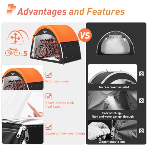 Image of Upgraded Bike Tent with Rain Cover, Portable Outdoor Storage Shed for 4-5 Bikes, 210D Oxford Fabric PU4000 Waterproof, Bike Shed /Bike Cover for Motorcycles, Garden Tools, Lawn Mower
