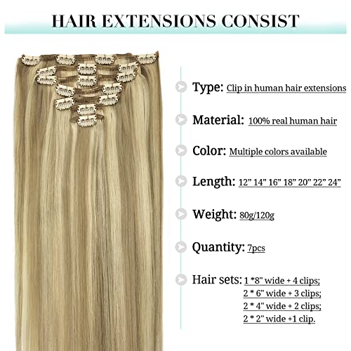 Image of DOORES Human Hair Extensions Clip in Balayage Light Blonde Highlighted Golden Blonde 18 Inch 120g 7pcs Clip in Hair Extensions Natural Straight Hair Extensions