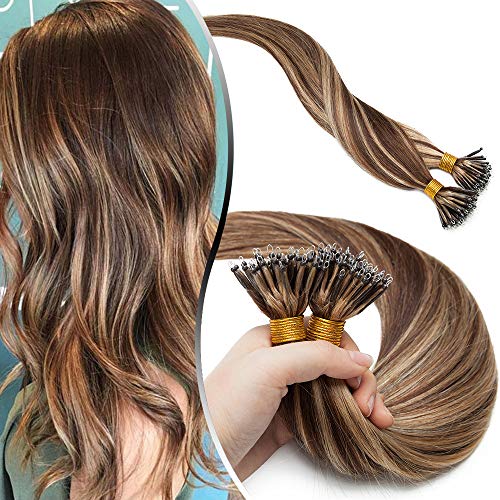 Elailite Hair Extensions Real Human Hair Nano Ring Nano Beads Hair Extension 50 Strands 50g Cold Fusion Straight Balayage (#4/27 Medium Brown Mix Dark Blonde