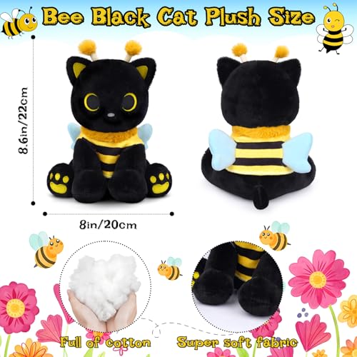 Image of Cat Bee Plush, 8inch Kawaii Black Cat Plush with Honeybee Outfit Costume, Cute Plushies Kitten Stuffed Animal Soft Huggable Plushies Toy for Kids Christmas, Birthday Gifts