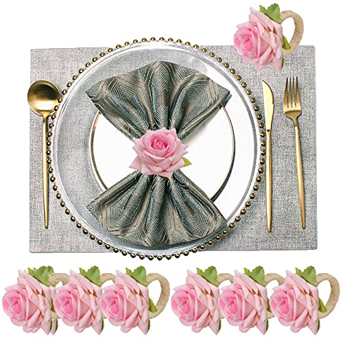 AIYIZHU Pink Flower Napkin Rings Set of 6 for Easter Serviette Holder Family Gathering Dinner Party, Wedding Decor Rose Ring Bulk Christmas,Thanksgiving Day, Friends and (Pink Flower), One Size