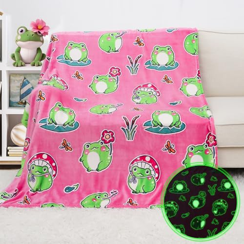 Image of Glow in The Dark Frog Blanket, Pink Frog Gifts for Girls Kids Age 3 4 5 6 7 8 9 10, Soft Cozy Flannel Kids Throw Blanket, Birthday Graduation Gifts Bedroom Decor 50 inchx60 inch