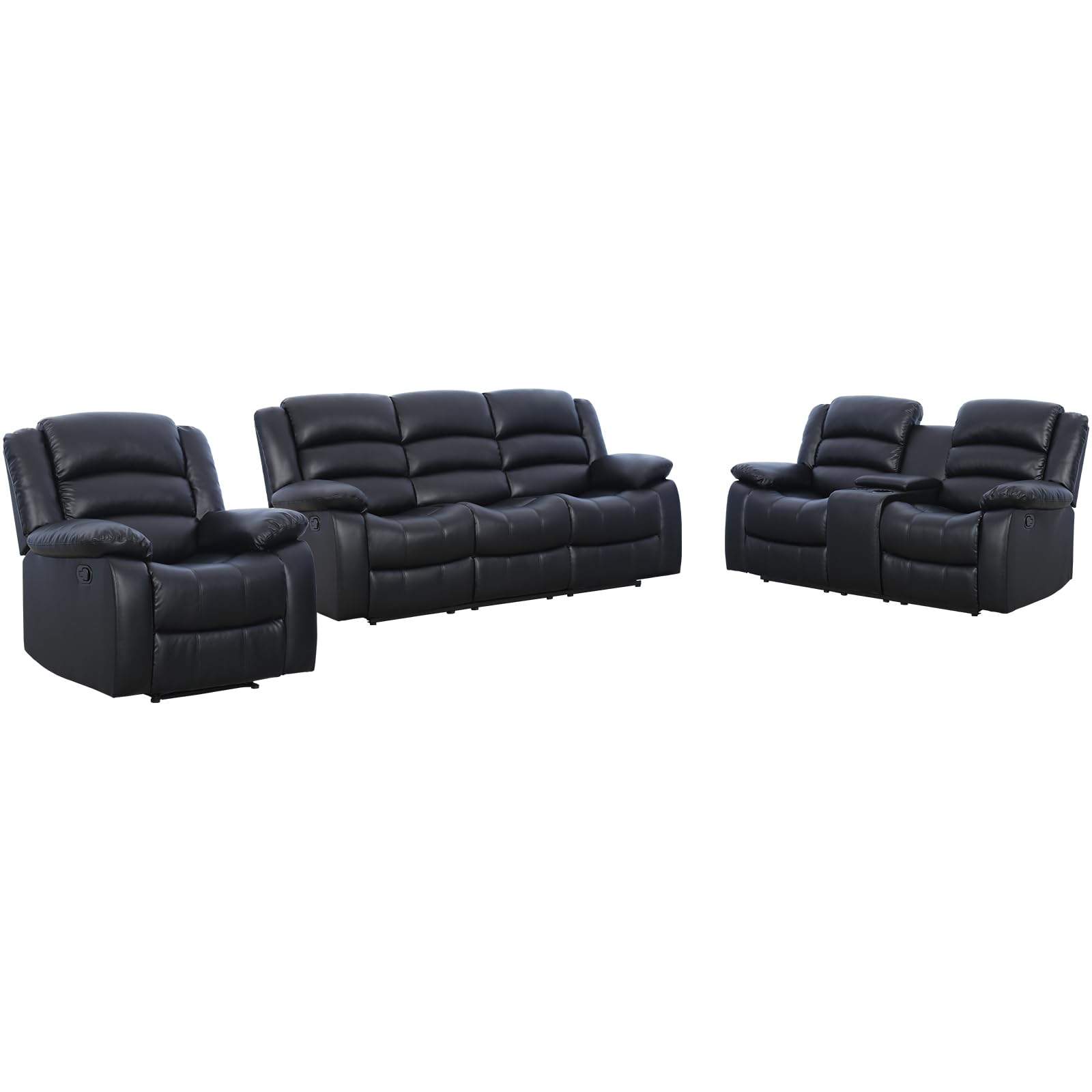 EBELLO Manual Recliner Sofa Set, Faux Leather Reclining Couch Furniture Set for Living Room, Includes 1 Recliner Chair, 1 Loveseat Sofa and 1 3-Seater Reclining Couch, Black view 7