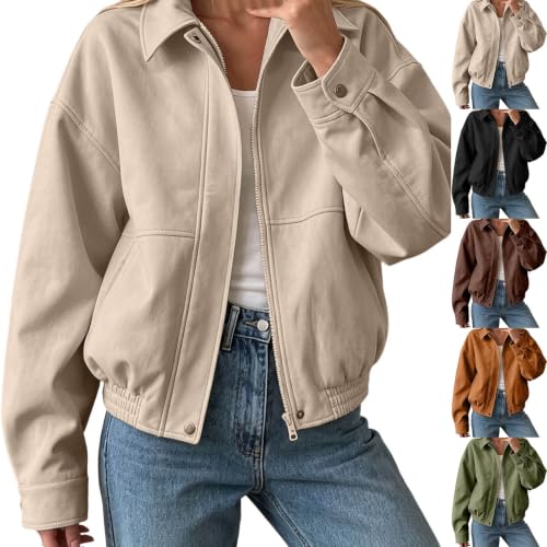 Houjibfa Faux Suede Jacket Women Cropped Zip Up Lapel Collar Fall Coats - image 1