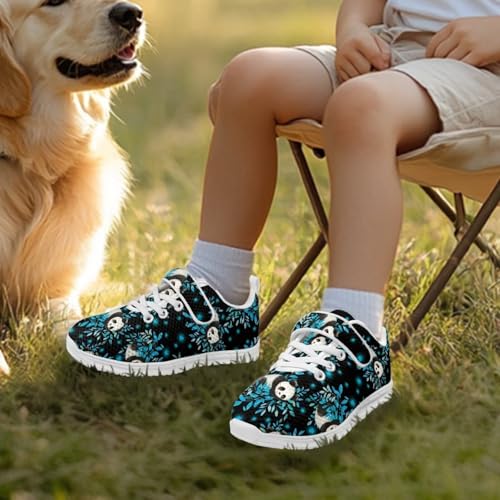 Boys Girls Sneakers Kids Breathable Lightweight Strap Tennis Athletic Running Shoes Panda Blue Plant Pattern（White Sole）3