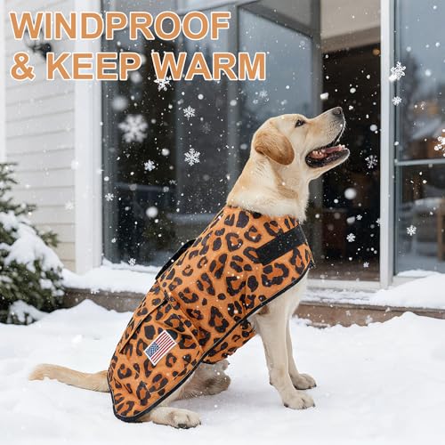 Image of BEAUTYZOO Dog Winter Coat for X-Large Dogs, Waterproof Canvas Jackets | Warm Fleece Great Dane Sweater, Reflective Cold Weather Coats, Windproof Blanket Clothes for Female Male Doggie, Leopard XL