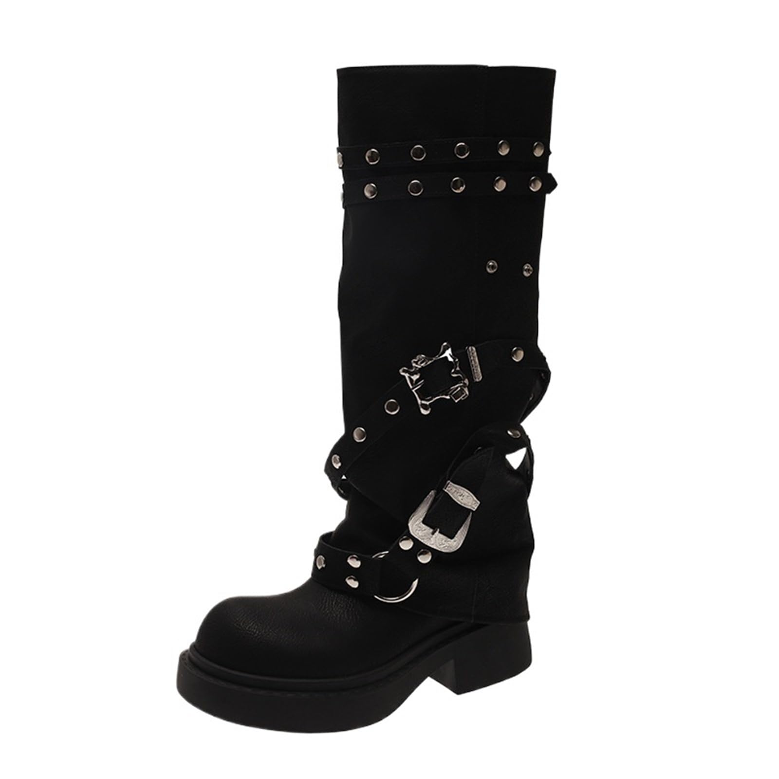 Rivet Black High Trouser Boots Women Round Head Niche Design Thick Bottom Knight Boots