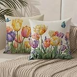 Federa Cuscino 65x65 Tulipano Cuscini Divano Farfalla Cuscini da Esterno Impermeabili Velluto Set di 2 Decorativi Cushion Covers per Giardino Soggiorno Sofá Balcone Patio, Regalo per Donne 1B-99 immagine