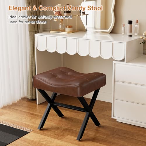 Image of Memobarco 18-Inch Large Leather Vanity Stool, Vanity Chair with Metal X-Leg, Ottoman Accent Stool with Thick Padded Saddle Seat, Dark Brown