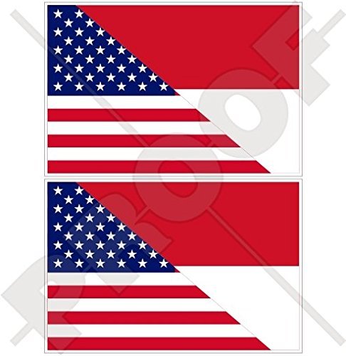 USA United States of America & Indonesia, American-Indonesian Flag 3" (75mm) Vinyl Bumper Stickers, Decals x2