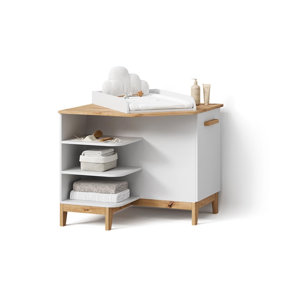 Livinity Commode à Langer Mailo, Blanc/Artisan, avec porteEspace de Jeu et de Lecture avec Un Facteur de Confort