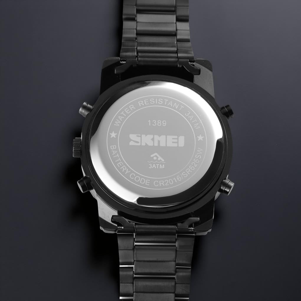 Back of the SKMEI 1389 watch, showing the model number 1389, SKMEI logo, 3ATM water resistance, and battery code CR2016/SR626SW.