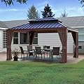Yardenaler 12x16 FT Gazebo Wooden Finish & Metal Frame, Double Roof Permanent Outdoor Pavilion with Curtain & Netting for Patio. Garden, Backyard