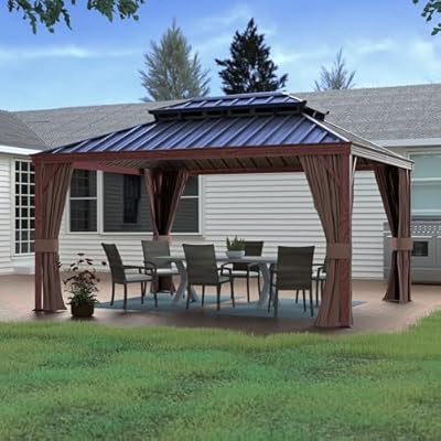 Yardenaler 12x16 FT Gazebo Wooden Finish & Metal Frame, Double Roof Permanent Outdoor Pavilion with Curtain & Netting for Patio. Garden, Backyard