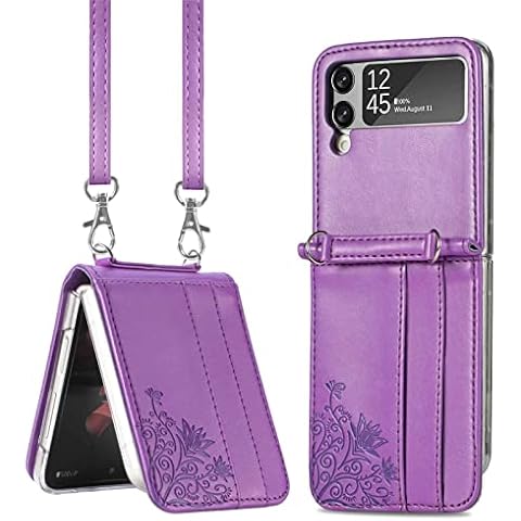 Skyhewen Samsung Galaxy Z Flip 4 5G Case, Wallet Shockproof Flip Detachable Crossbody Case PU Leather Cover with Adjustable Lanyard Straps Card Slots Cover for Samsung Galaxy Z Flip 4 5G, Purple Cover