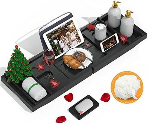 Domax Bathtub Caddy Tray Expandable Bamboo Tub Tray for Luxury Bath with Book Holder and Free Soap Dish Black