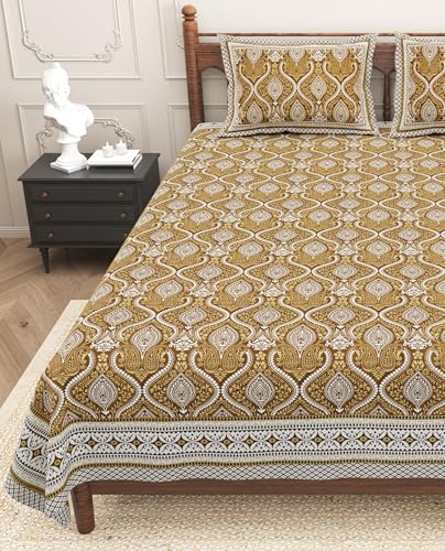 Urban Jaipur 100% Cotton 210 TC Ethnic Bedsheet for Queen Bed with 2 Pillow Covers 90 x 108 inch | Pure Cotton Traditional Jaipuri Print - Floral (Mustard)