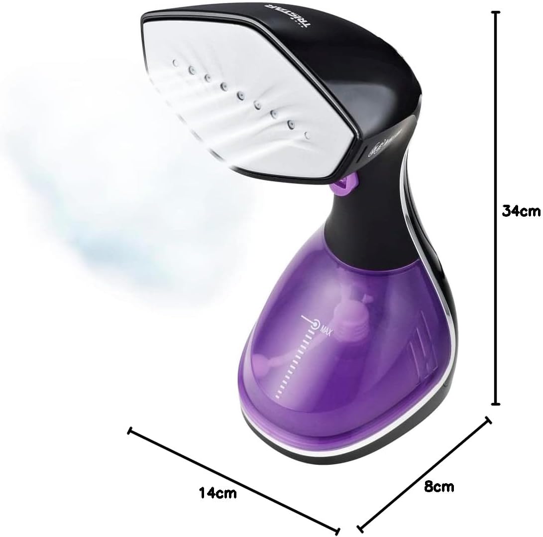 Tristar ST-8921 garment steamer with indicated dimensions: 14cm length, 8cm width, 34cm height.
