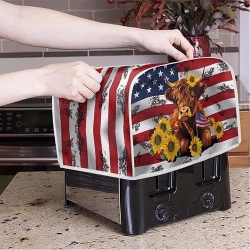 Image of 4 Slice Toaster Dust Cover with Top Hook Kitchen Small Appliance Bread Toaster Oven Dustproof Cover American Flag Highland Cow July 4th Independence Day Decor