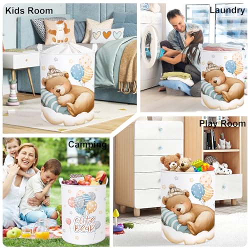 Image of Sleeping Animals Baby Laundry Hamper Collapsible Clothes Kids Storage Basket Large Boys Girls Gift Toy Box Bin for Nursery, Bear, 63L
