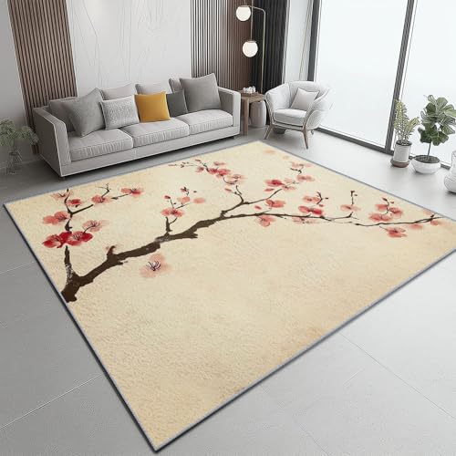 Genérico Beige Alfombra de Salón 40x60 cm - Diseño de Oriental Tradicional Flor De Cerezo Pelo Corto Lavable Antideslizante Alfombras, para Sala de Estar Comedor Dormitorio Decoración del Hogar