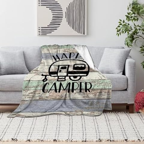 Syhonic Travelling Camping Blanket for Happy Camper Throw Blanket for Sofa Couch, Vintage Camping Theme Flannel Blanket for RV Farmhouse Living Room Bedroom Decor 50"x40" Cover